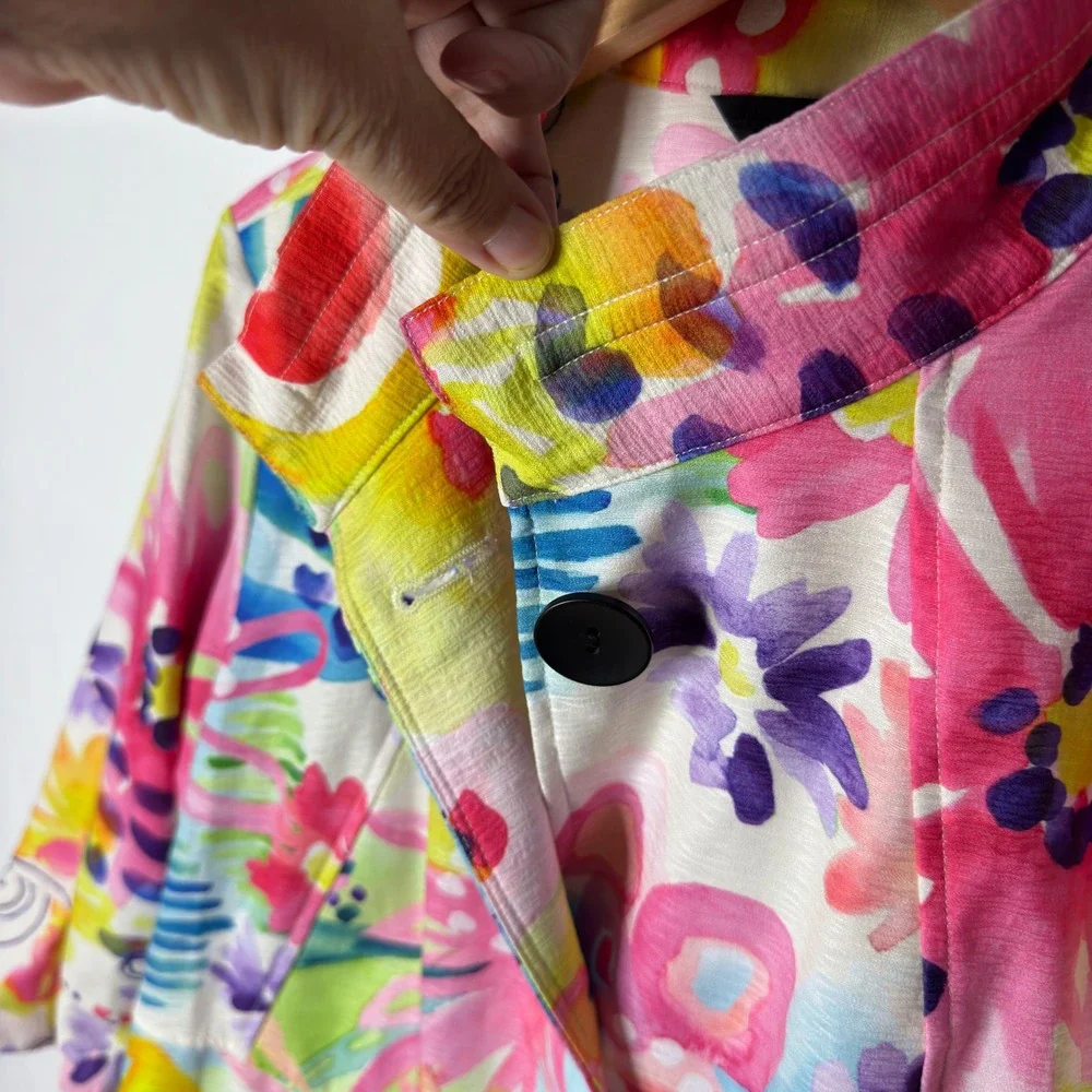 NEW Ali Miles Watercolor Floral Bell Sleeve Jacket Sz L Colorful Lagenlook Artsy